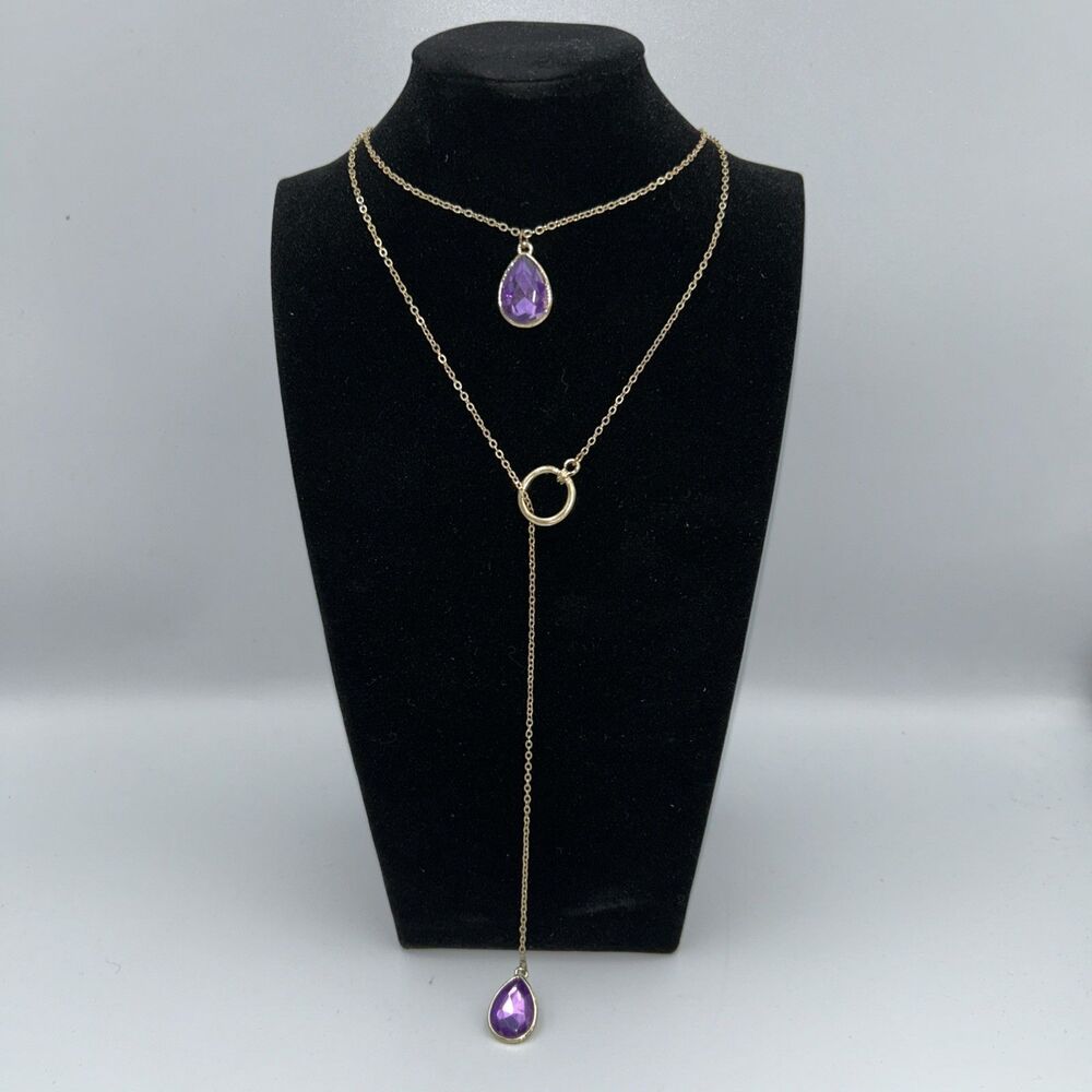 Vintage Lariat Gold-tone Necklace with Purple Gemstone Pendants - Adjust 18-22"